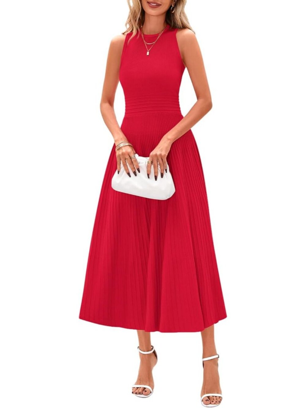 Women's Dress Midi Red Crew Neck Short Sleeveles Pleated A Line Casual Summer